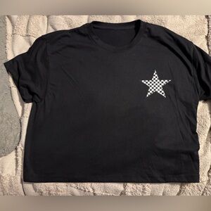 Black Cropped T-Shirt with Checkered Star